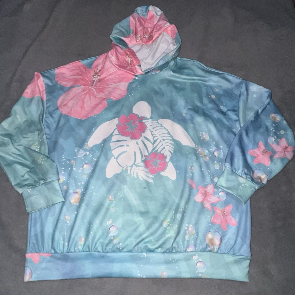 Hooded Sweatshirt Blue/Pink Turtle, Hibiscus‎ Floral Print Women's XL Hoodie